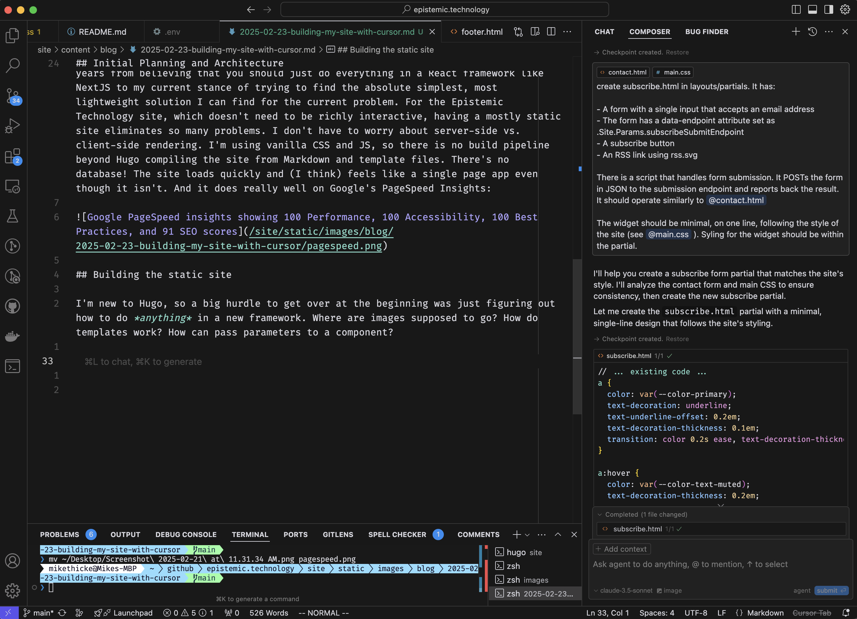 The Cursor interface, with the main editor on the left, Composer in the right sidebar, and a terminal window below