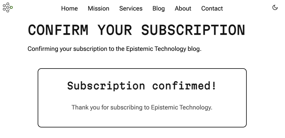 Screenshot of email subscription confirmation, showing that the subscription was confirmed