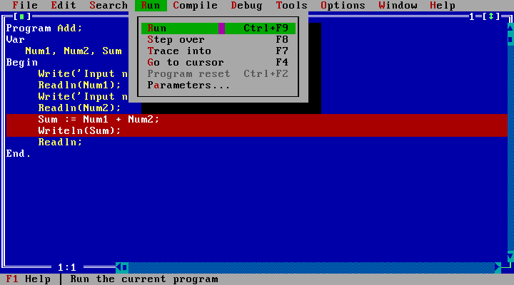 Borland Turbo Pascal, showing a code listing and debug menu