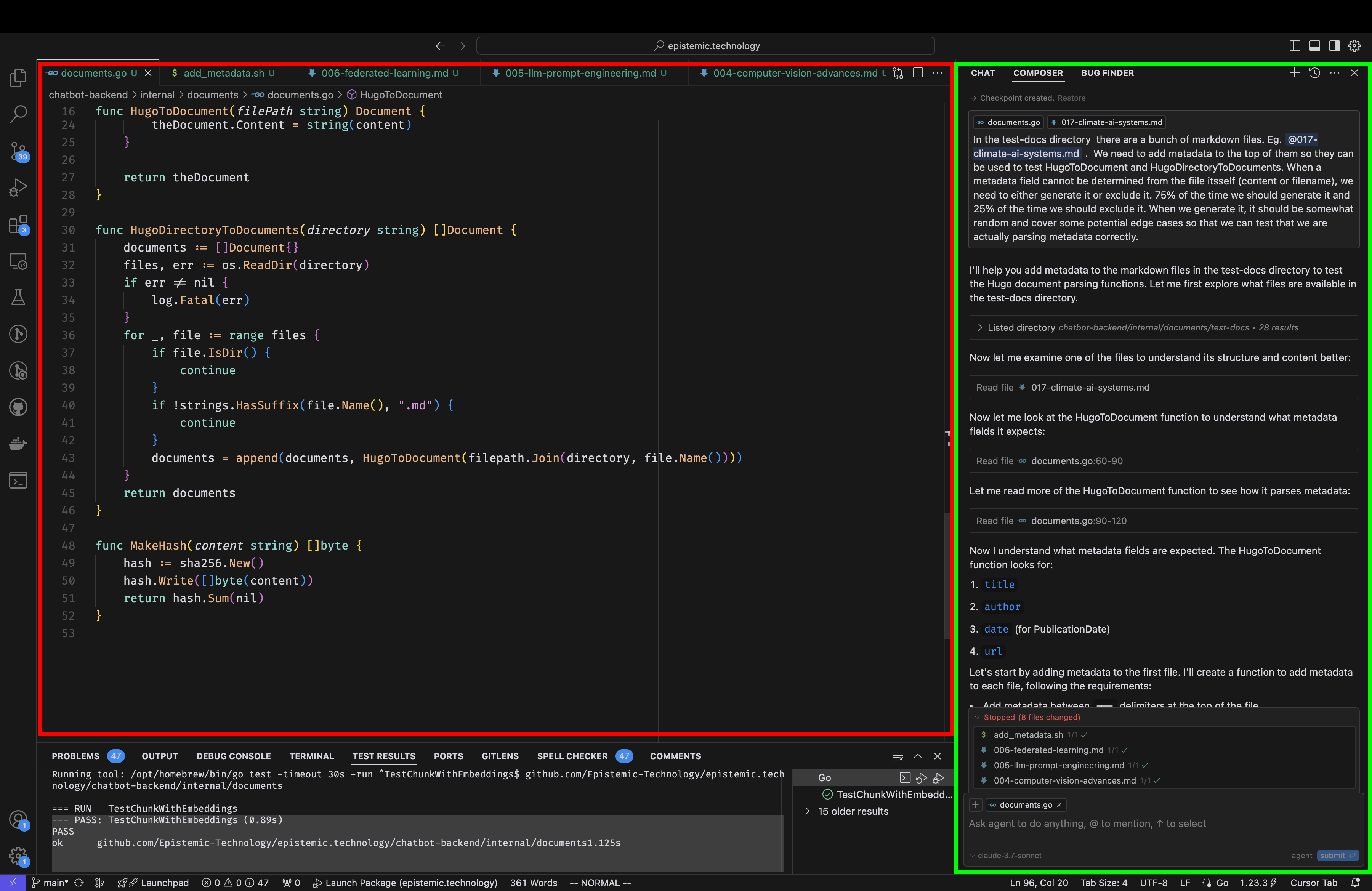 Cursor, with the main editor highlighted in red and the AI sidebar in green.