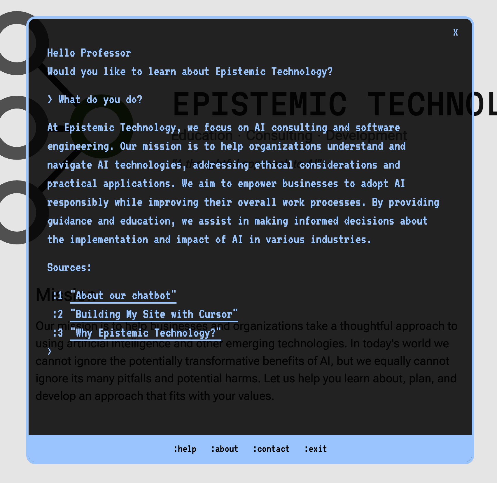 The Epistemic Technology chatbot UI, with similar blue text to the Wargames terminal