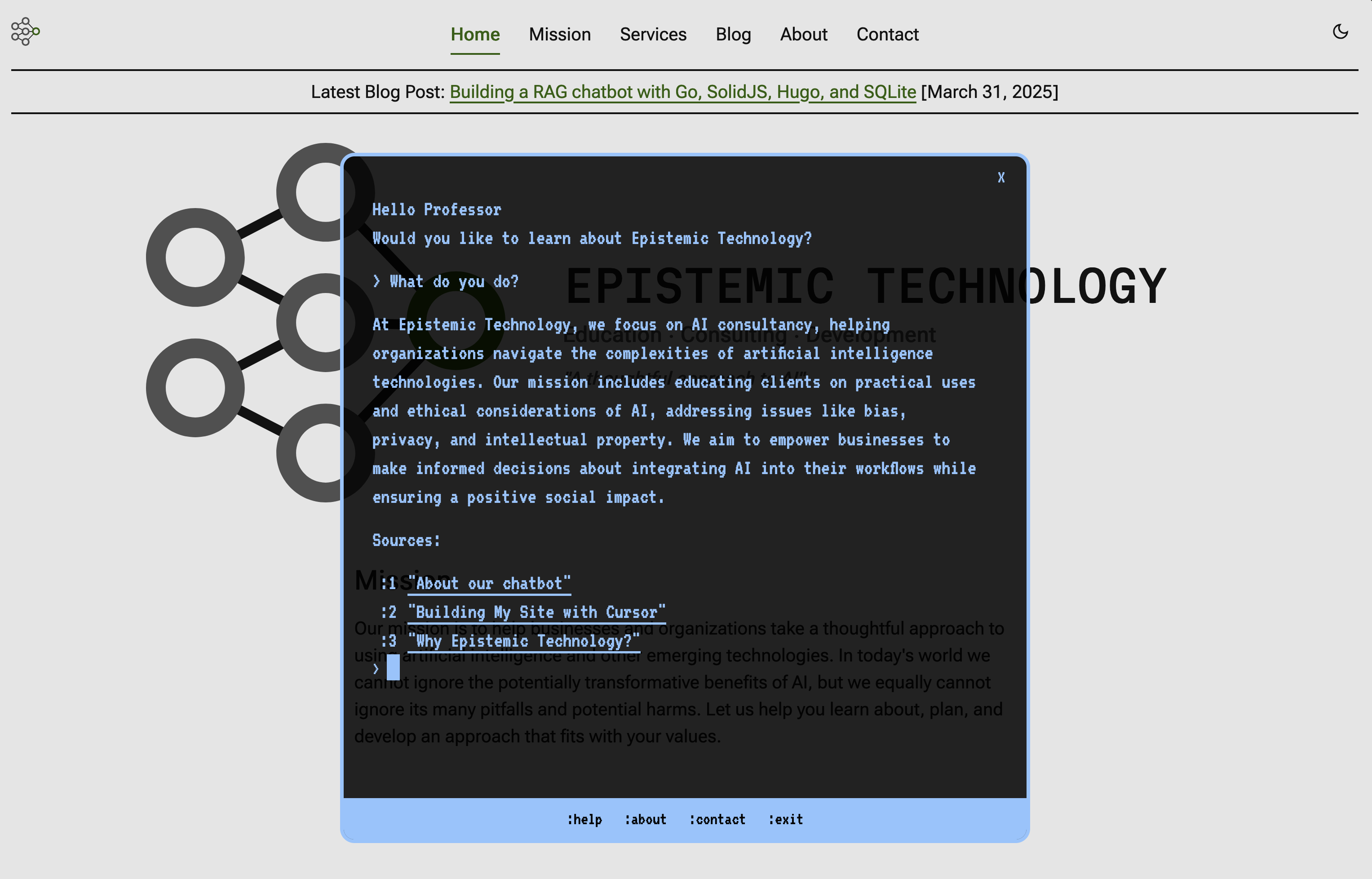 Screenshot of the Epistemic Technology chatbot showing a brief interaction and the WarGames aesthetic