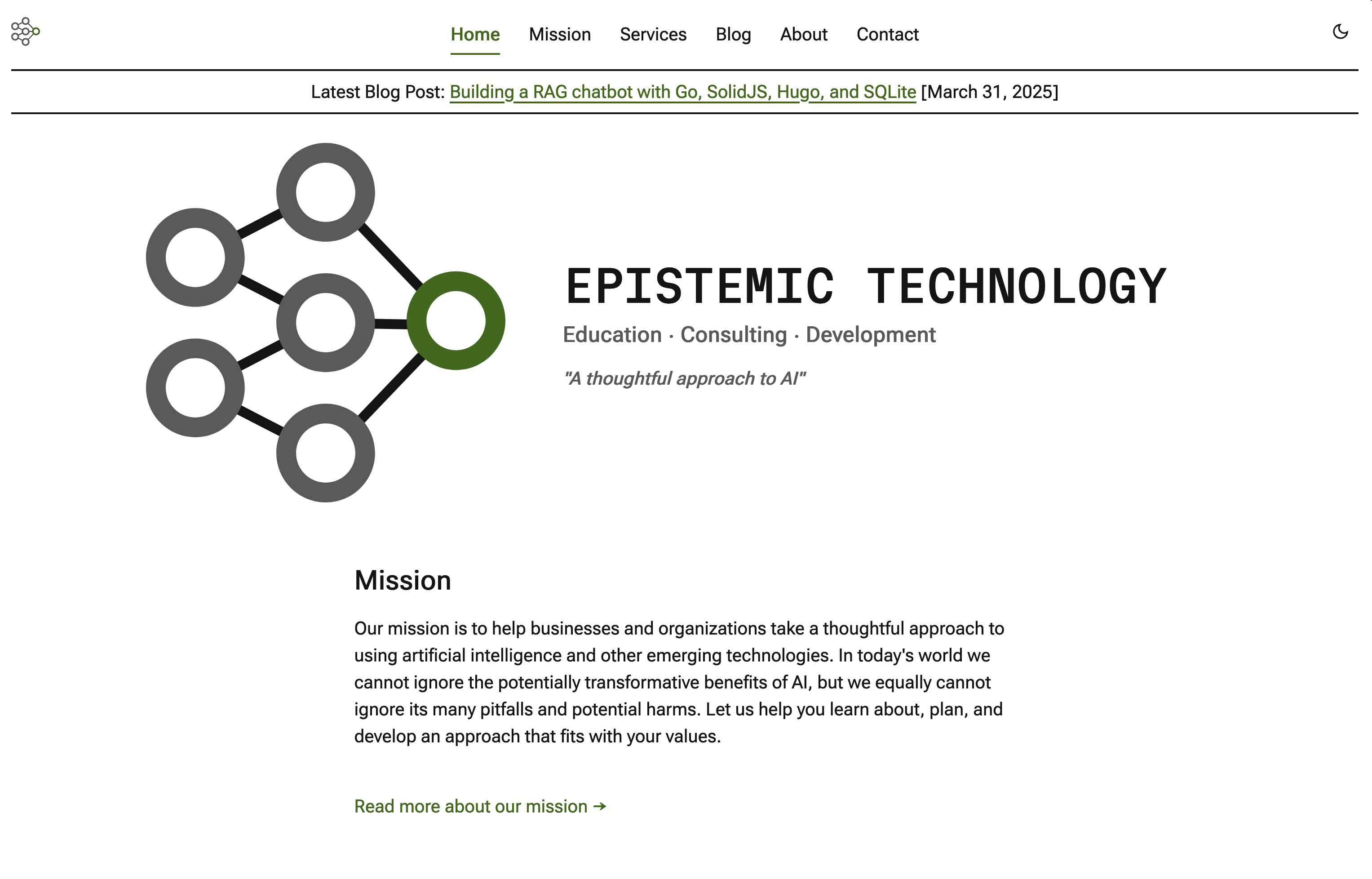 Screenshot of the Epistemic Technology homepage showing hero image and mission statement