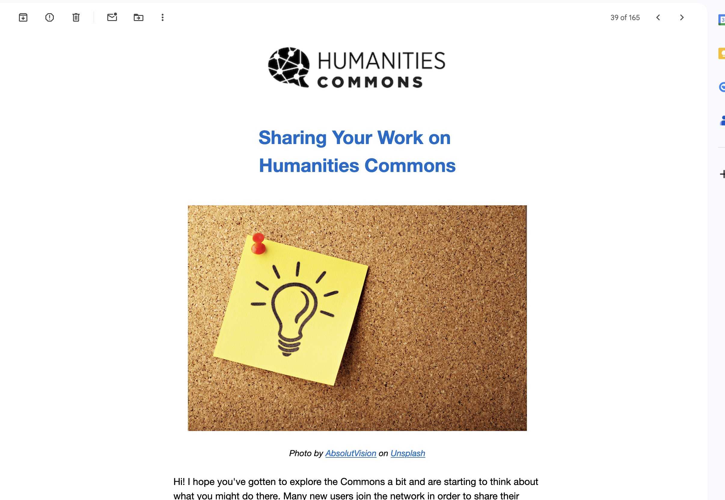 Screenshot of an Humanities Commons onboarding email