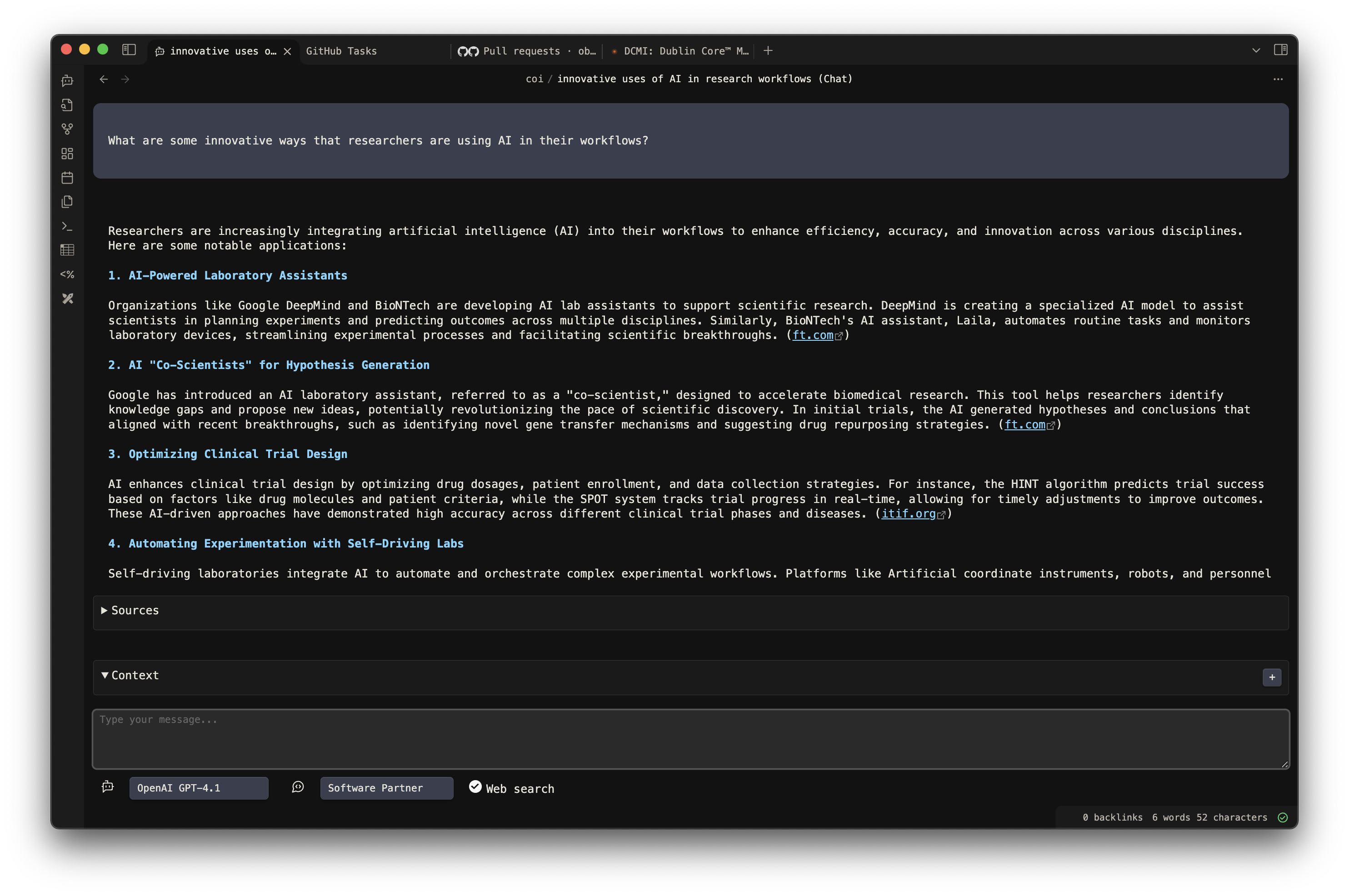 Screenshot of the Co-Intelligence AI Obsidian Plugin, showing a text-based interface similar to ChatGPT