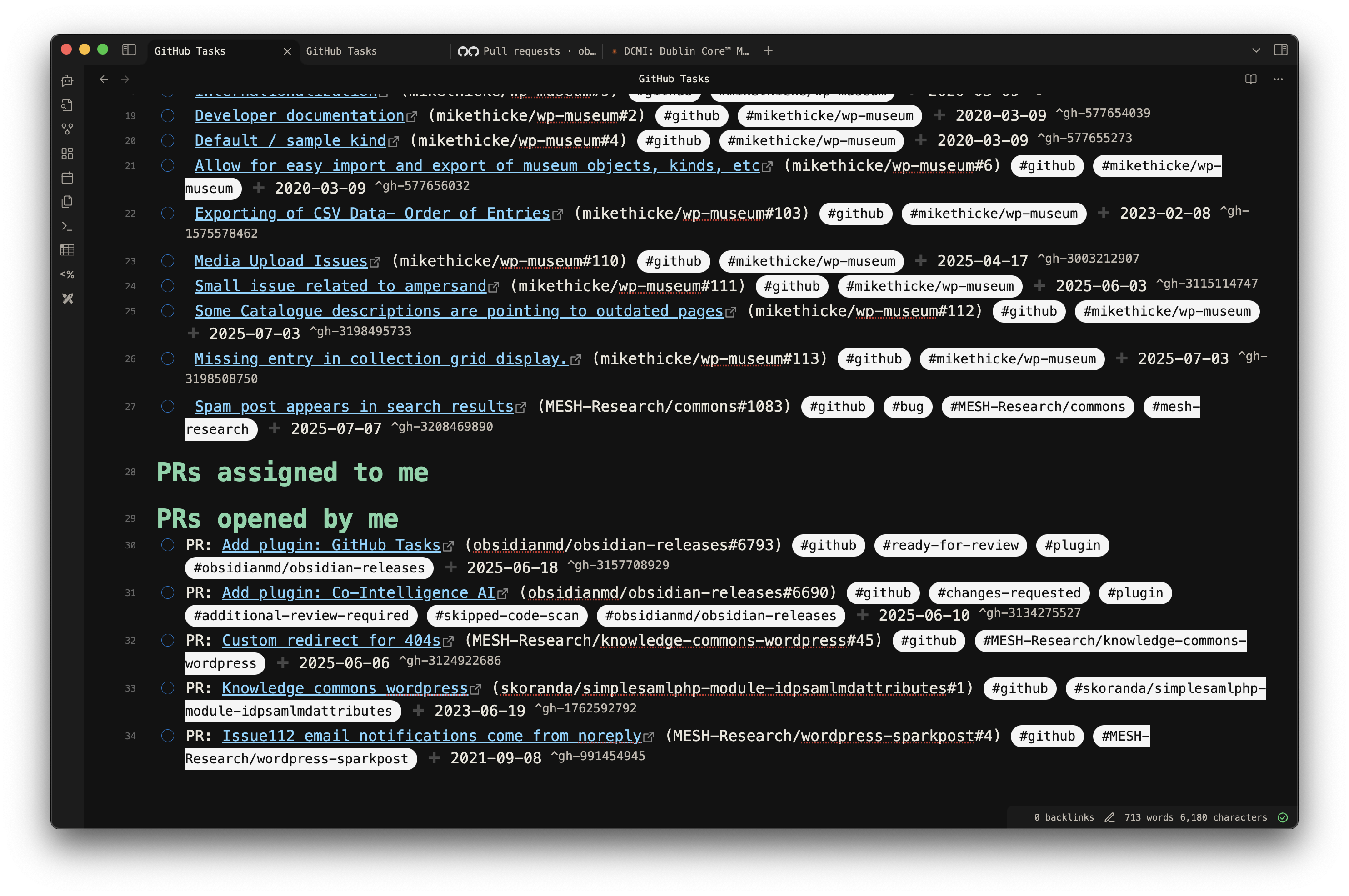 Screenshot of the GitHub Tasks Obsidian Plugin showing an Obsidian note with a list of tasks
