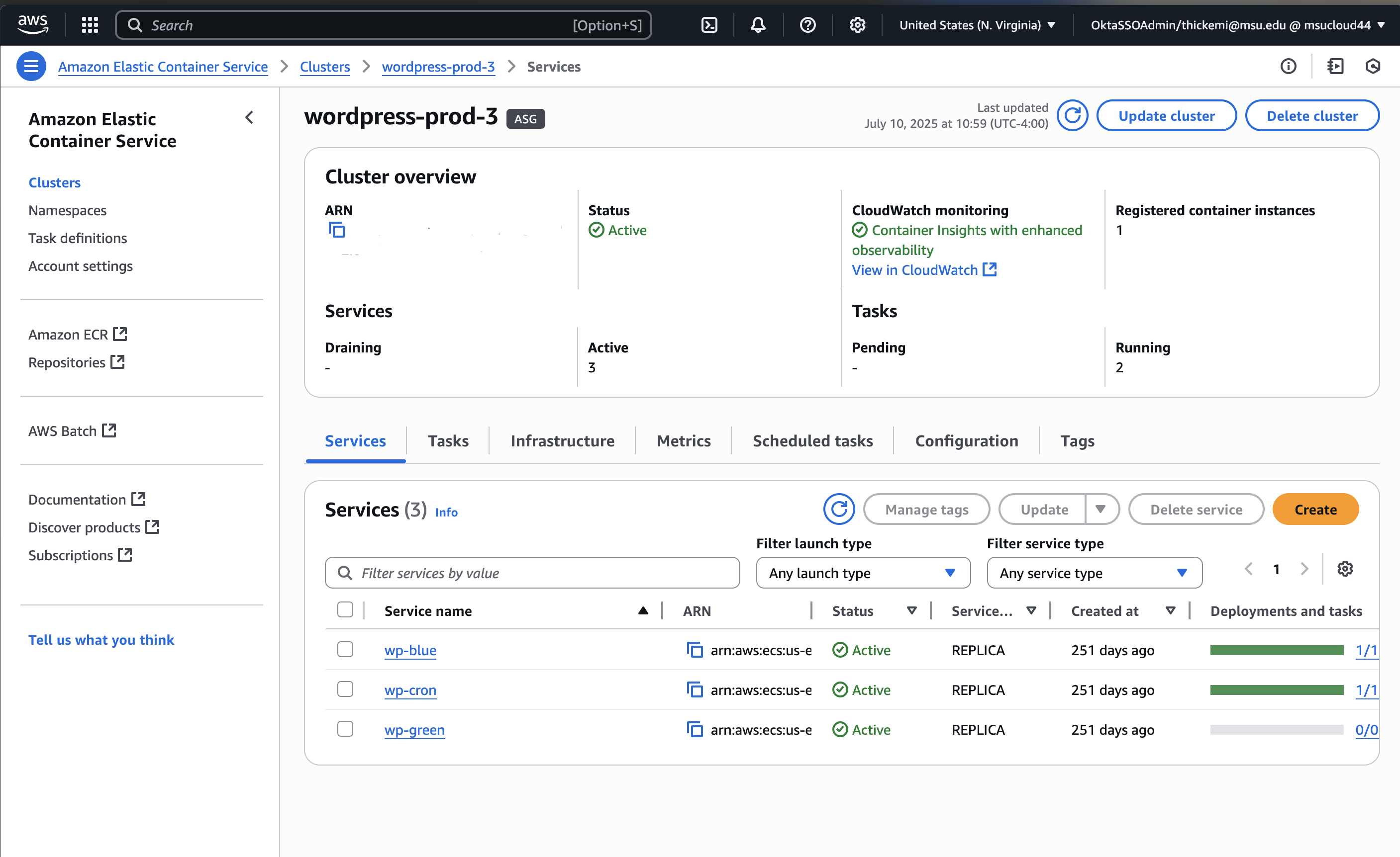 Screenshot of the Amazon ECS dashboard showing the Knowledge Commons WordPress services